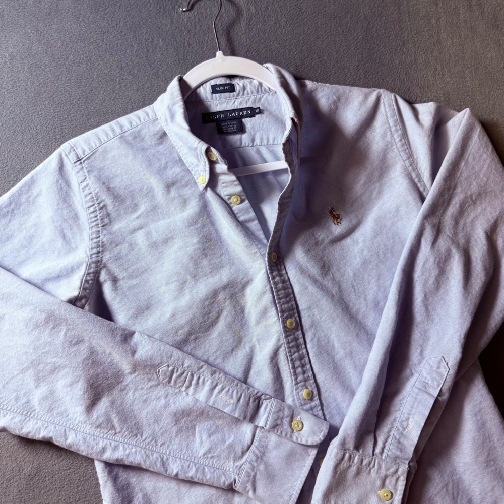 Ralph Lauren Women Slim Fit Light Blue Cotton Oxford Button Down Shirt Size 10